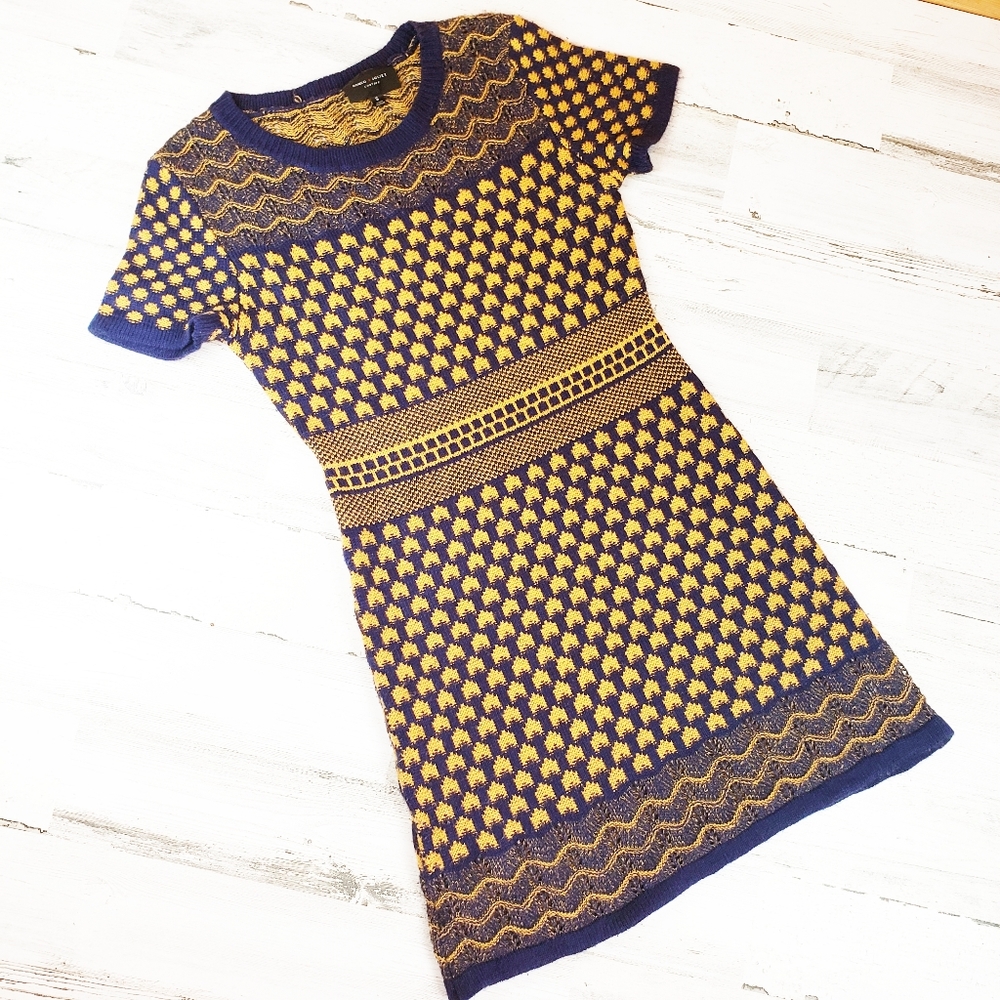 Romeo + Juliet sweater dress bodycon knee navy mustard Small knit shortsleeved - Picture 2 of 8